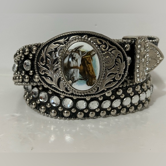 Accessories - All Black Patent Leather and Rhinestone Belt with Horse Buckle - Size 34